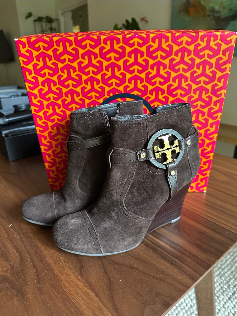 Tory Burch Dark Brown Suede Wedge Ankle Booties with Logo Medallion